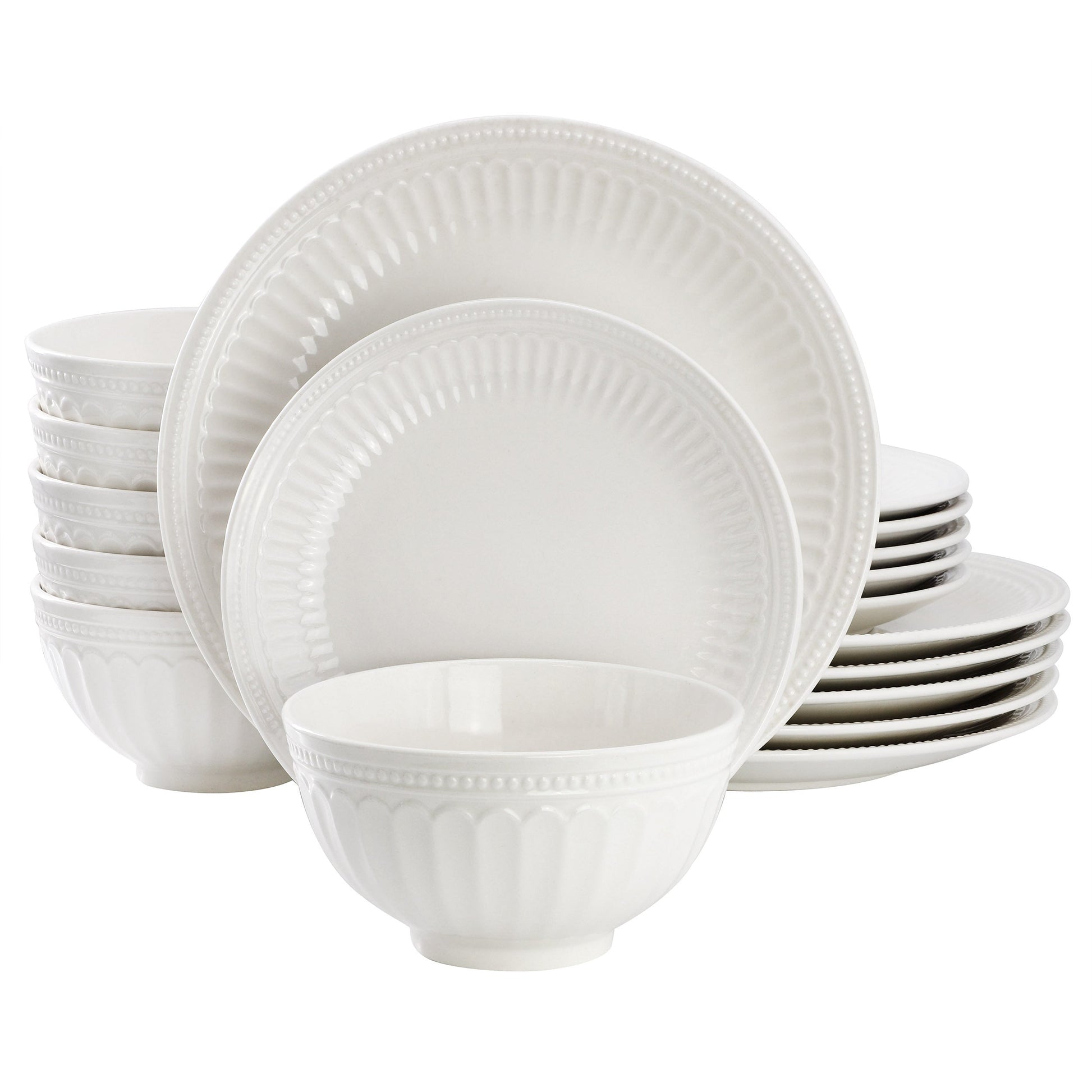 Elama Finley 18 Piece Embossed Arch Stoneware Dinnerware Set in White W2B