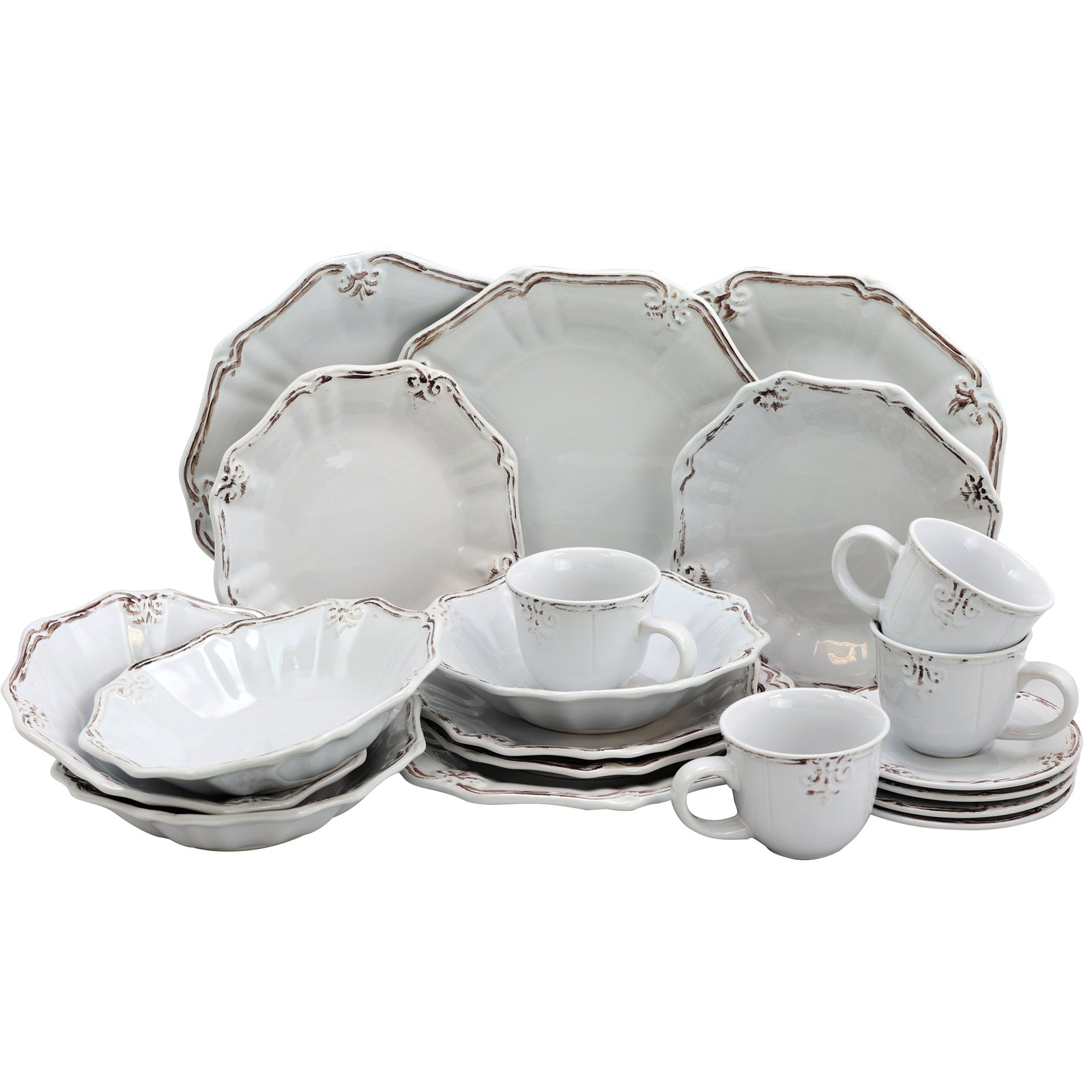 Elama Fleur De Lys 20-Piece Dinnerware Set in White W2B