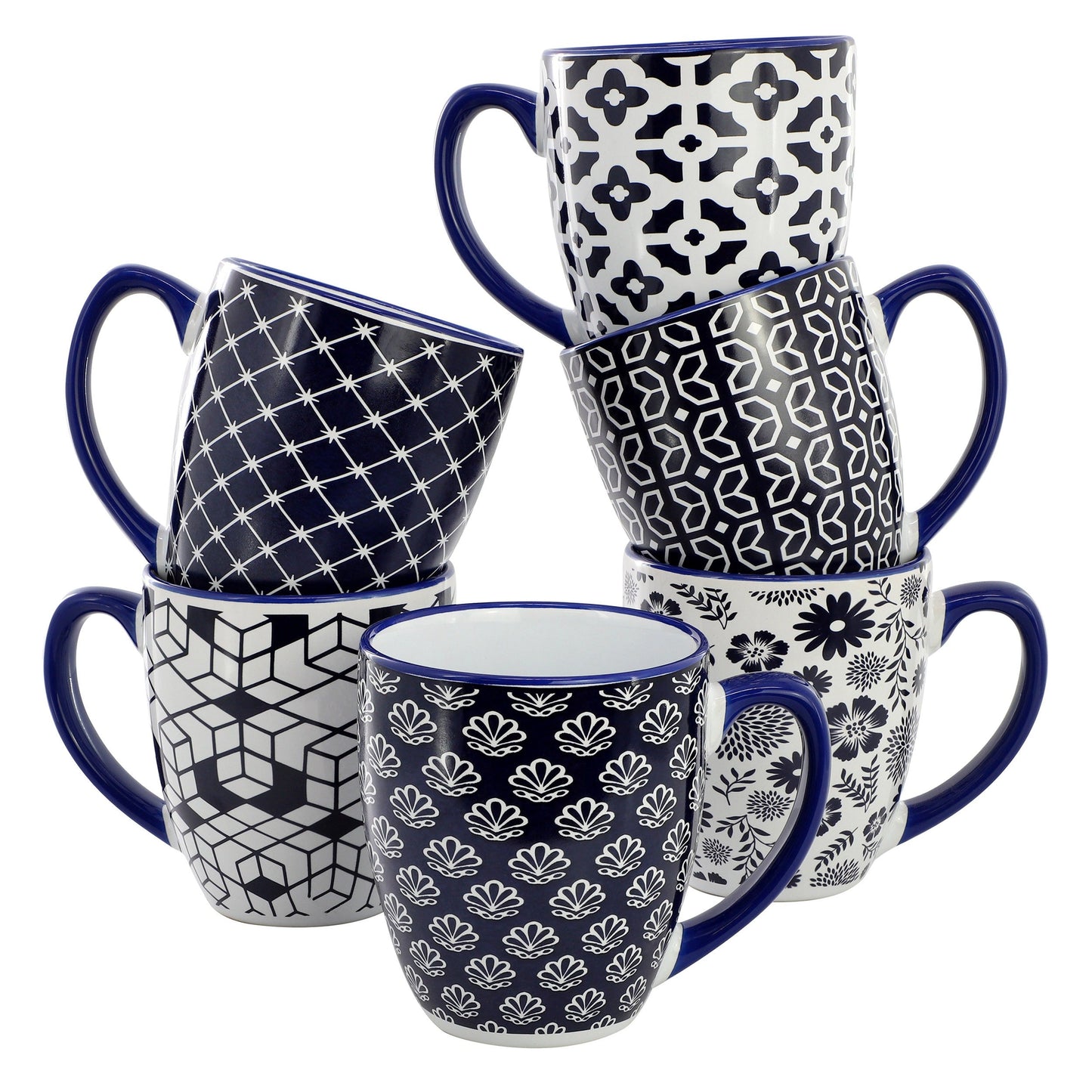 Elama Flyn 6 Piece 16 Ounce Assorted Design Stoneware Mug Set in Navy Blue and White W2B