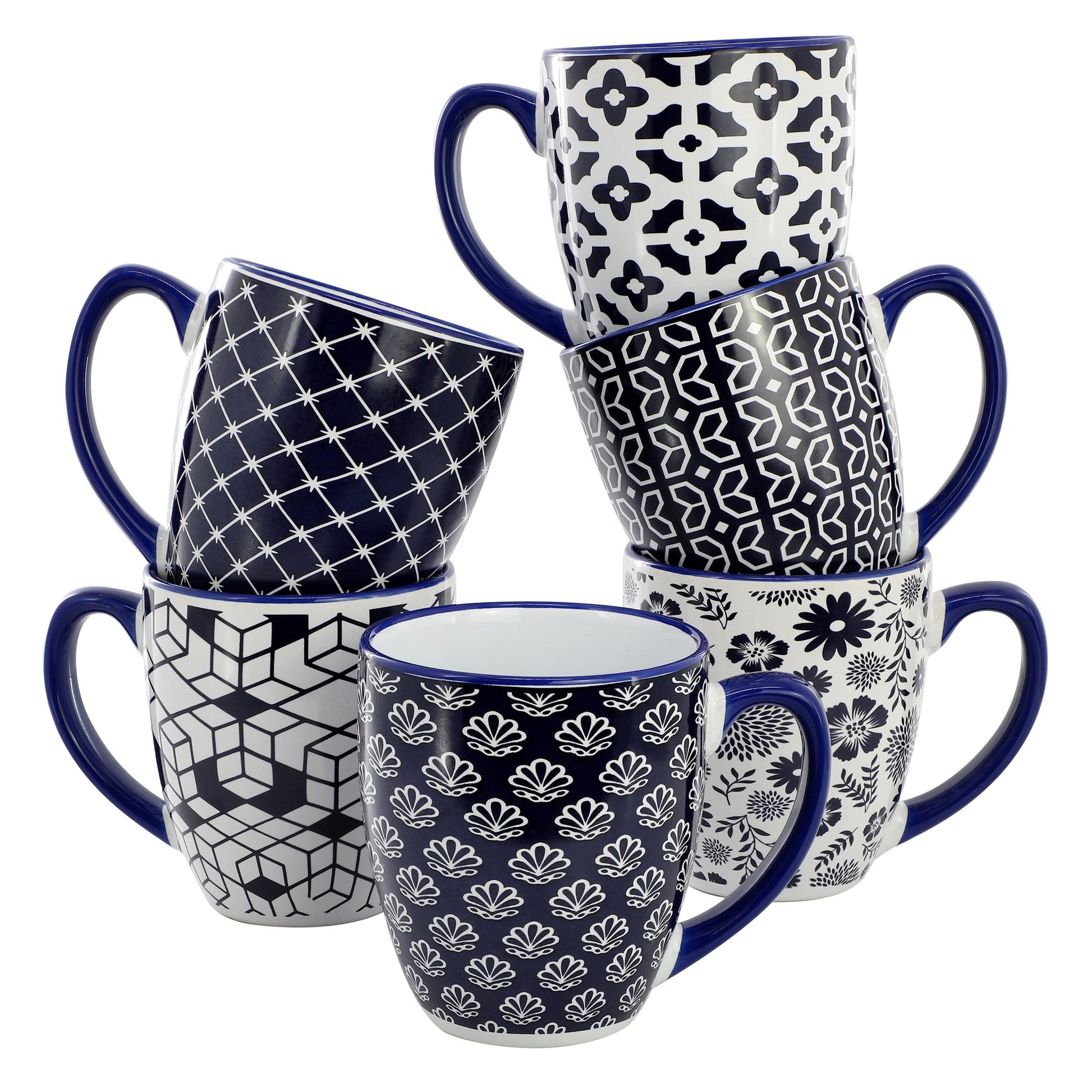 Elama Flyn 6 Piece 16 Ounce Assorted Design Stoneware Mug Set in Navy Blue and White W2B