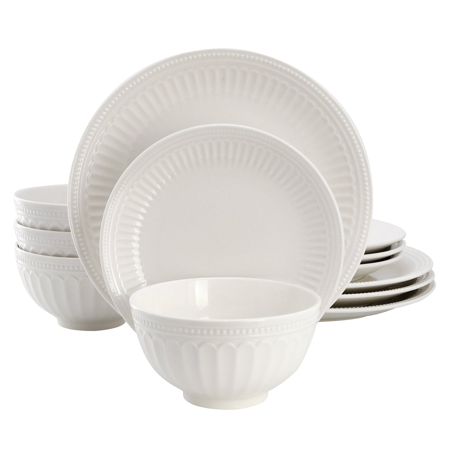 Elama Gabriella 12 Piece Embossed Arch Stoneware Dinnerware Set in White W2B