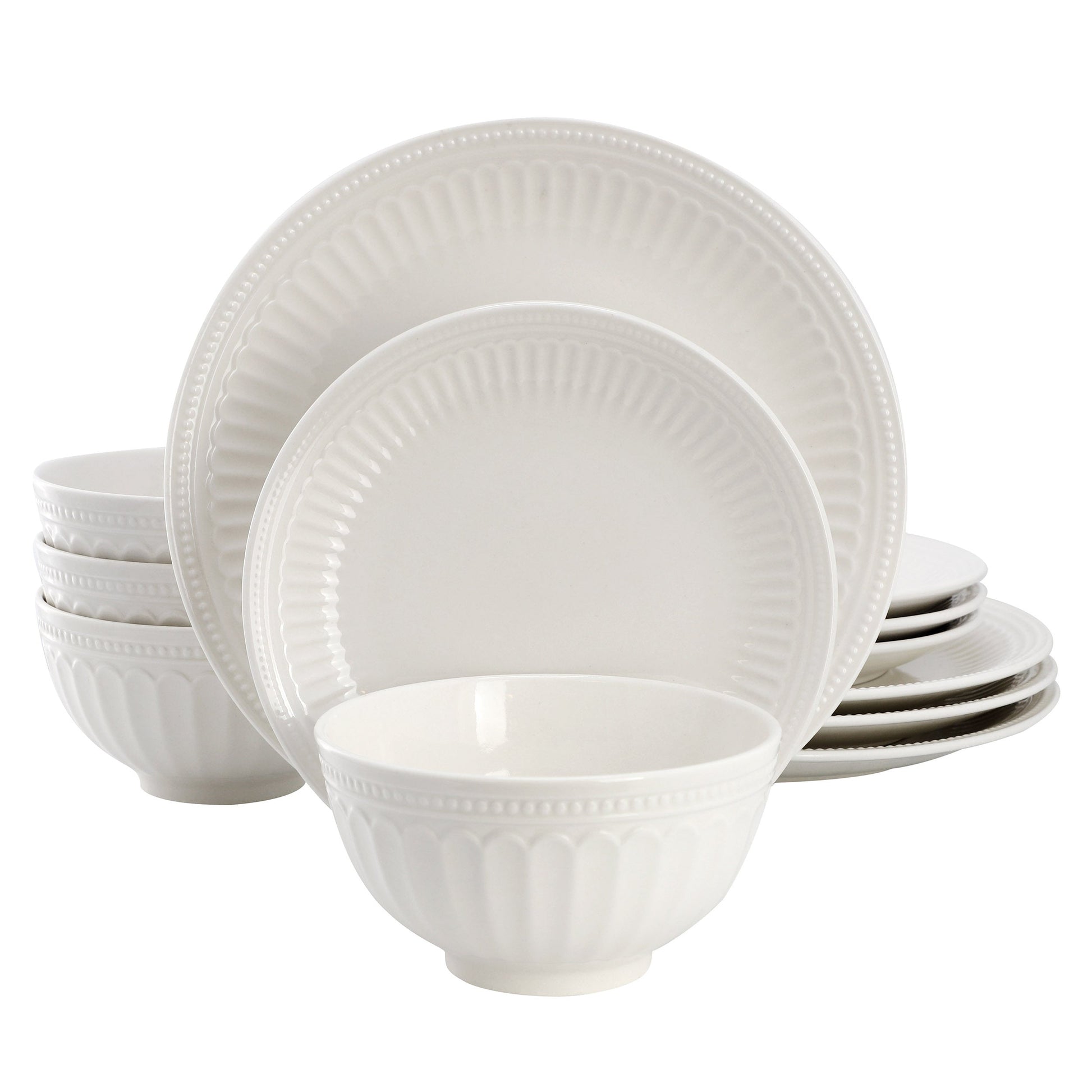 Elama Gabriella 12 Piece Embossed Arch Stoneware Dinnerware Set in White W2B