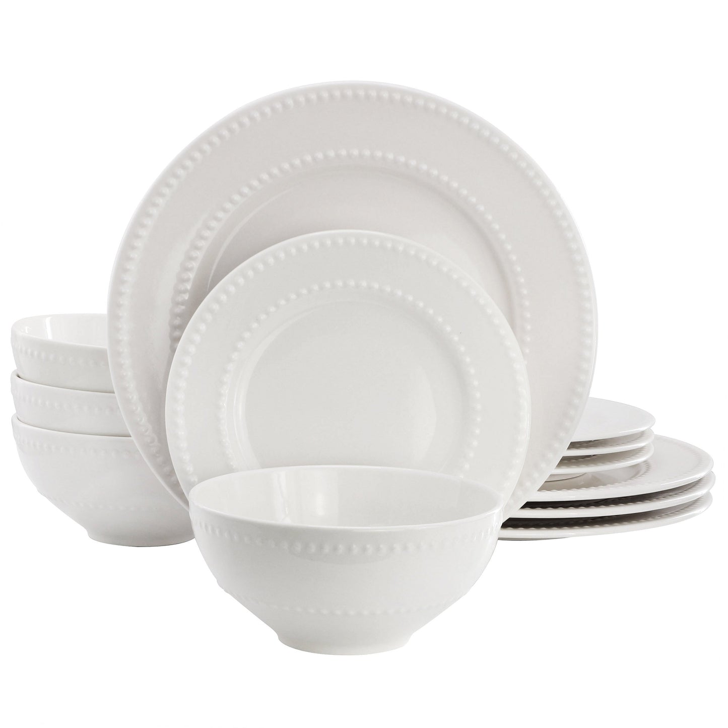 Elama Genevieve 12 Piece Embossed Dot Stoneware Dinnerware Set in White W2B