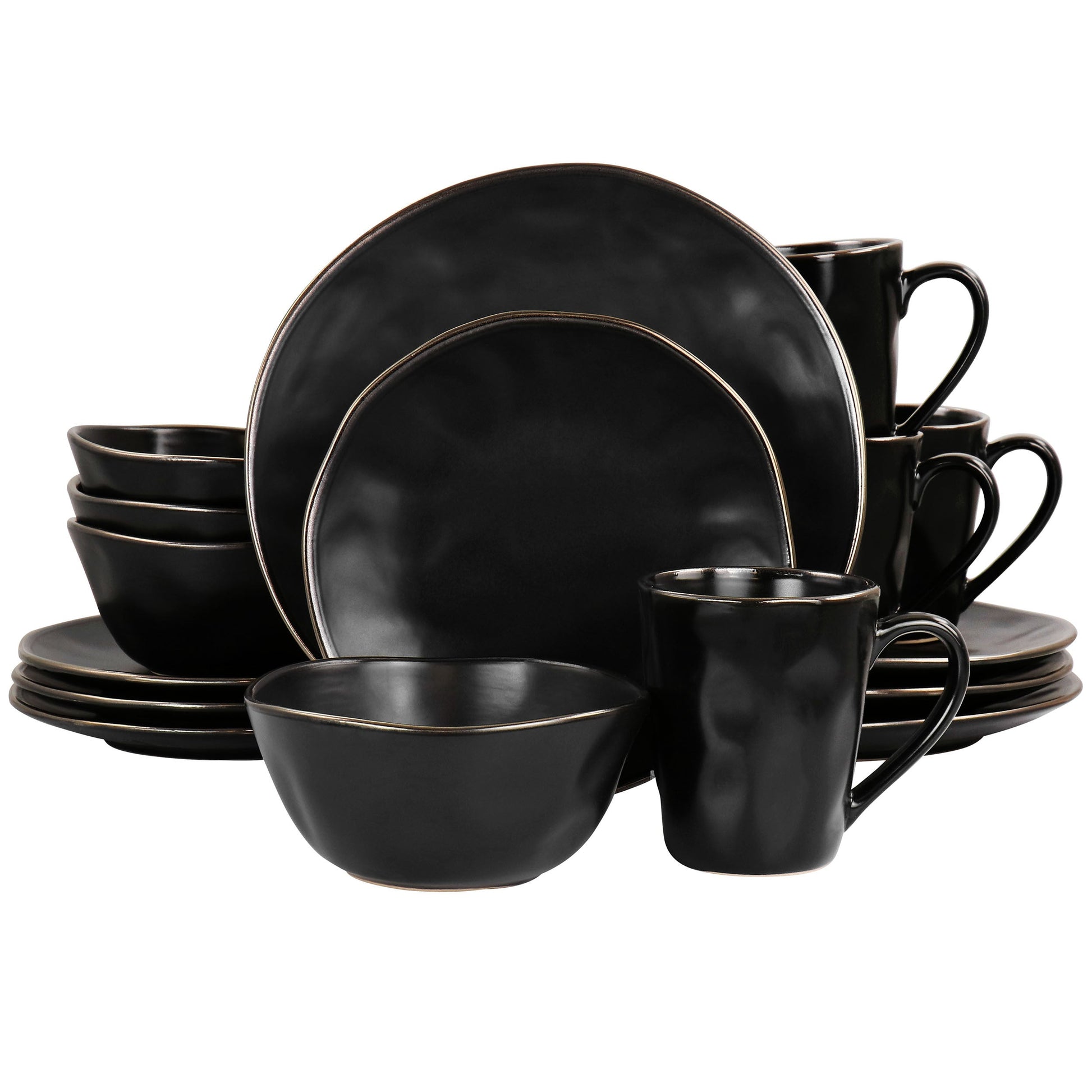 Elama Modern 16 Piece Stoneware Dinnerware Set in Matte Black with Gold Rim W2B