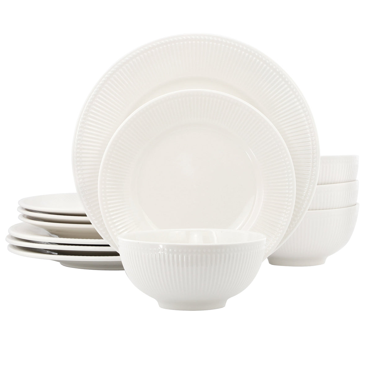 Elama Gianna 12 Piece Round Stoneware Dinnerware Set in White W2B