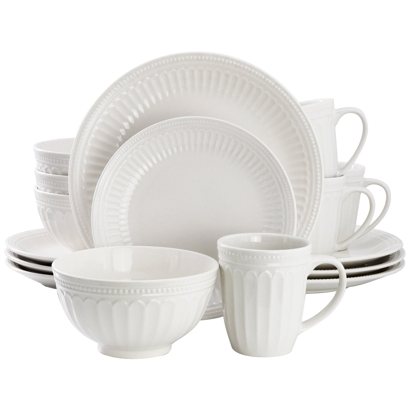 Elama Hansel 16 Piece Embossed Arch Stoneware Dinnerware Set in White W2B