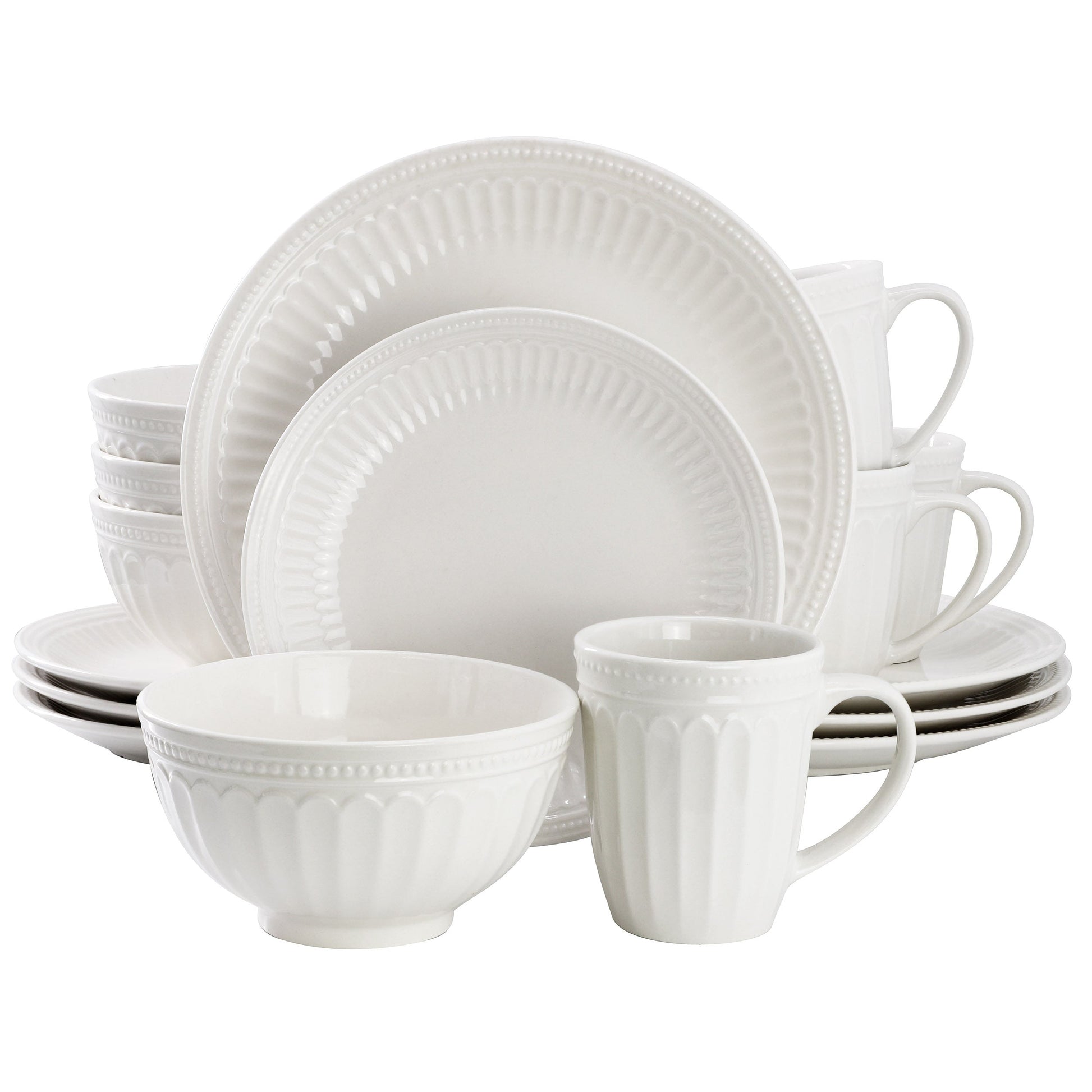 Elama Hansel 16 Piece Embossed Arch Stoneware Dinnerware Set in White W2B