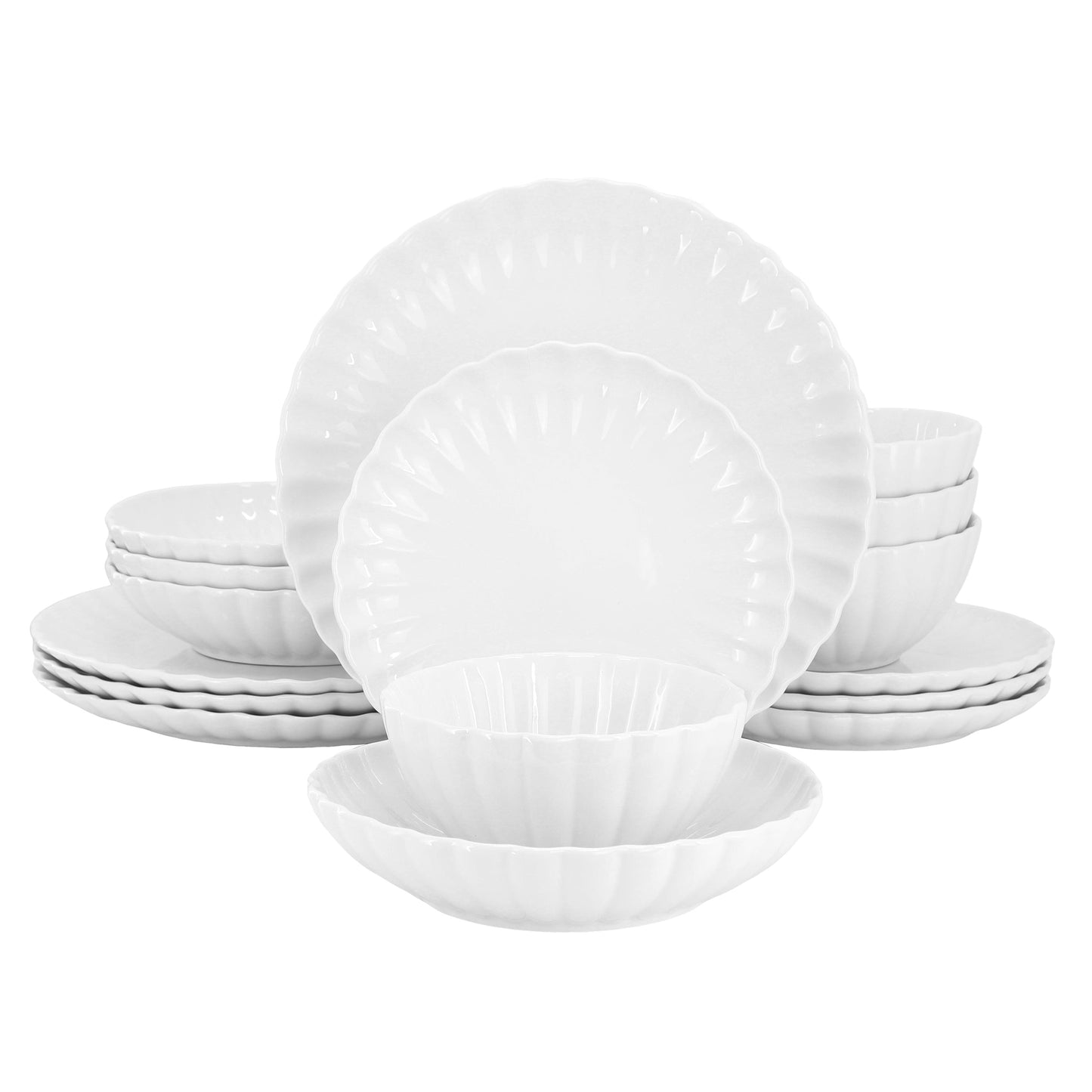 Elama Jane 16 Piece Scalloped Double Bowl Porcelain Dinnerware Set in White W2B