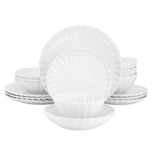 Elama Jane 16 Piece Scalloped Double Bowl Porcelain Dinnerware Set in White W2B