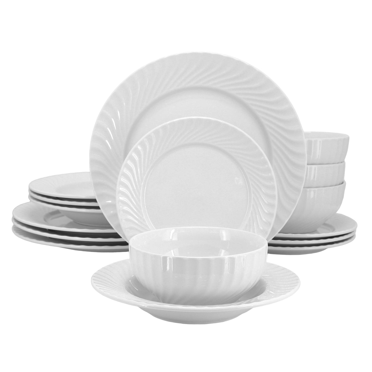 Elama Julia 16 Piece Scalloped Double Bowl Porcelain Dinnerware Set in White W2B
