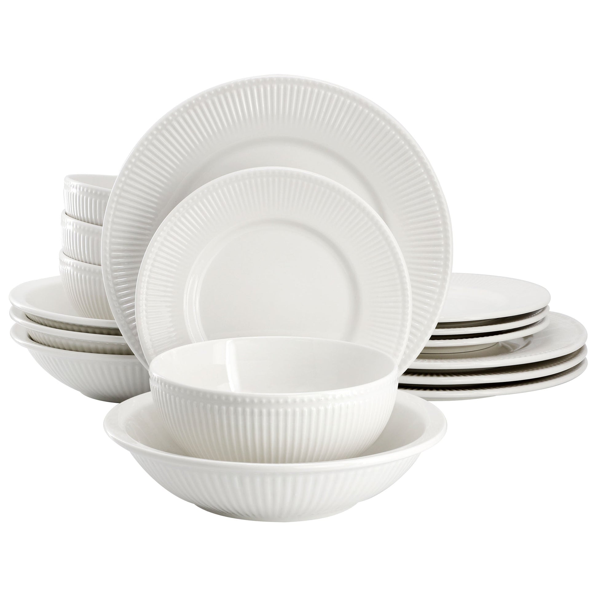 Elama Kate 16 Piece Textured Trim Double Bowl Porcelain Dinnerware Set in White W2B