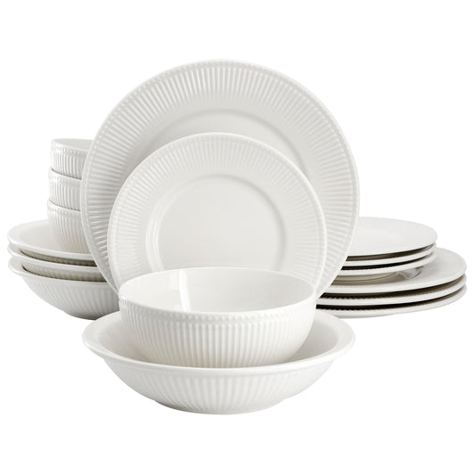 Elama Kate 16 Piece Textured Trim Double Bowl Porcelain Dinnerware Set in White W2B