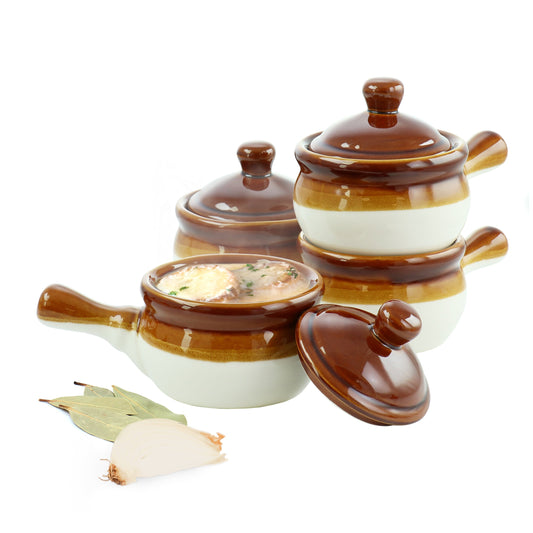 Elama 4 Piece Long Handle 15 Ounce French Onion Soup Bowl with Lid W2B