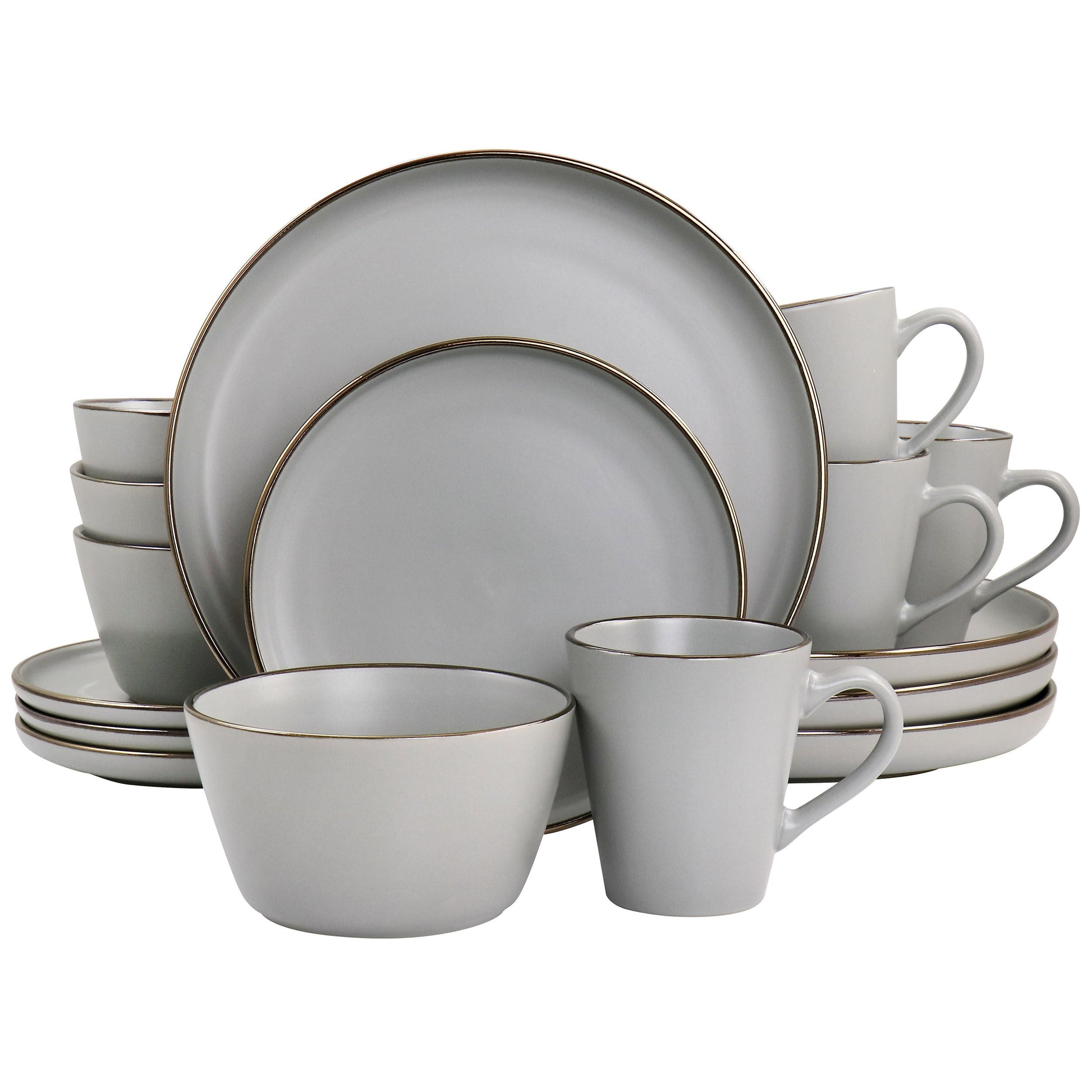 Elama Louis 16 Piece Stoneware Dinnerware Set in Matte Slate with Gold Rim W2B
