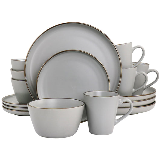 Elama Louis 16 Piece Stoneware Dinnerware Set in Matte Slate with Gold Rim W2B