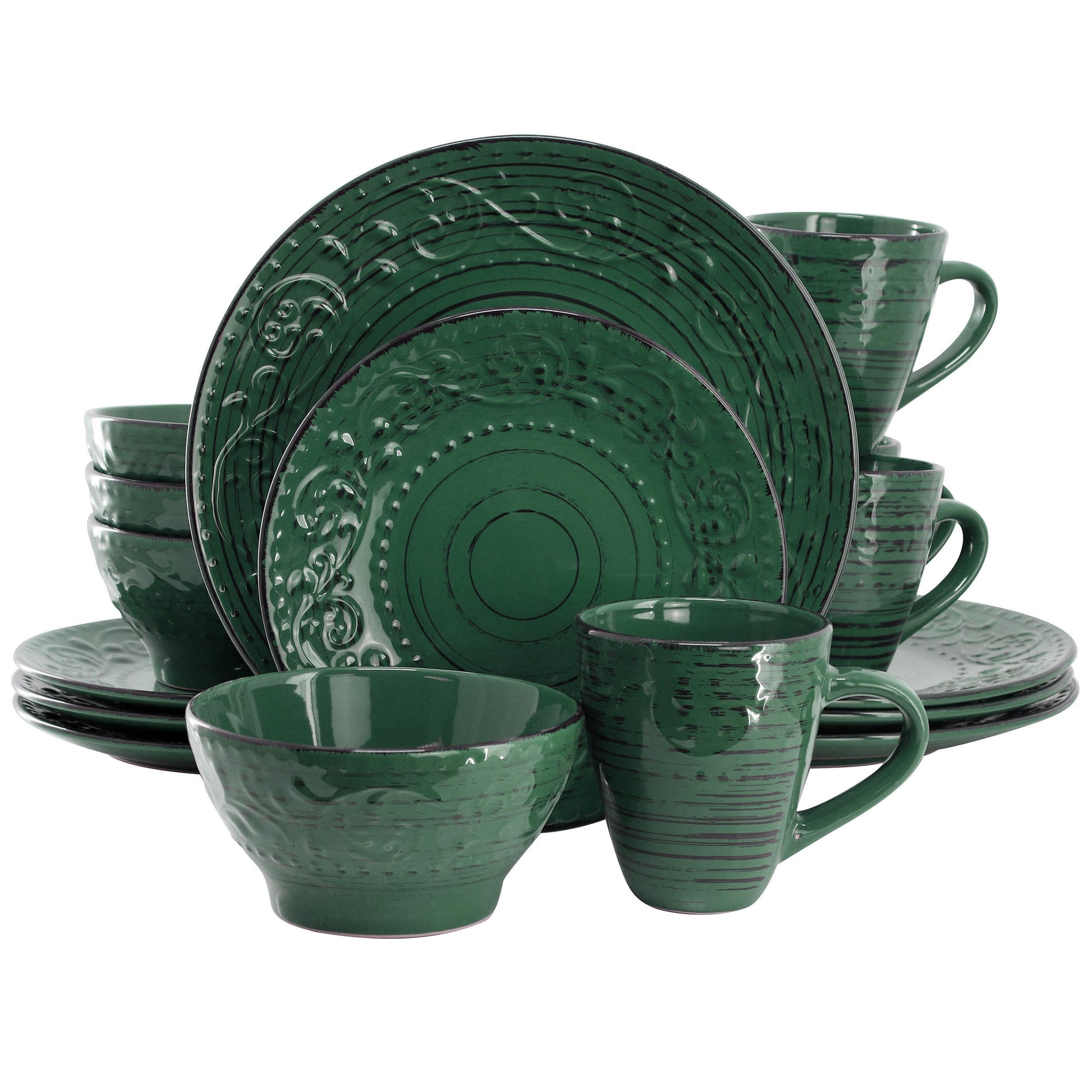 Elama Malibu Sea Glass 16-Piece Dinnerware Set in Dark Green W2B