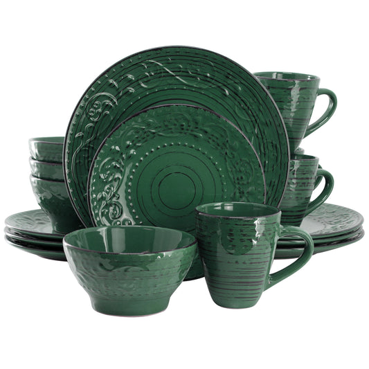 Elama Malibu Sea Glass 16-Piece Dinnerware Set in Dark Green W2B
