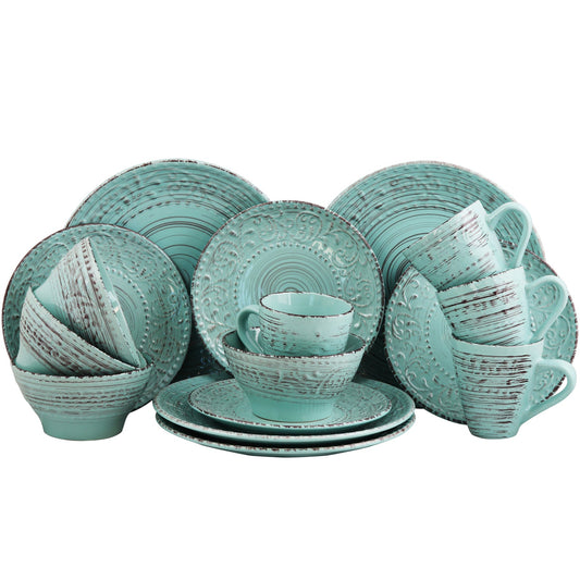 Elama Malibu Waves 16-Piece Dinnerware Set in Turquoise W2B