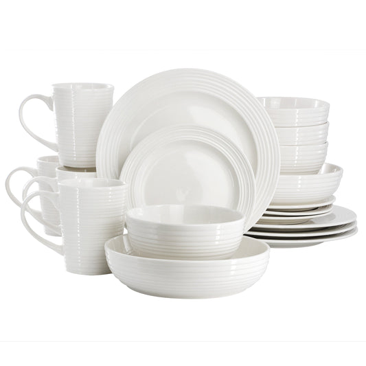 Elama Nikki 18 Piece Ribbed White Porcelain Dinnerware and Serving Bowl Set W2B