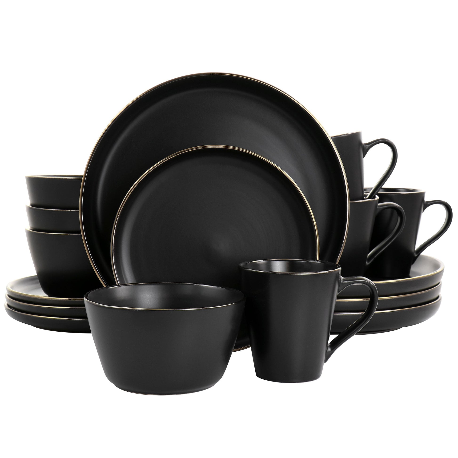 Elama Paul 16 Piece Stoneware Dinnerware Set in Matte Black with Gold Rim W2B