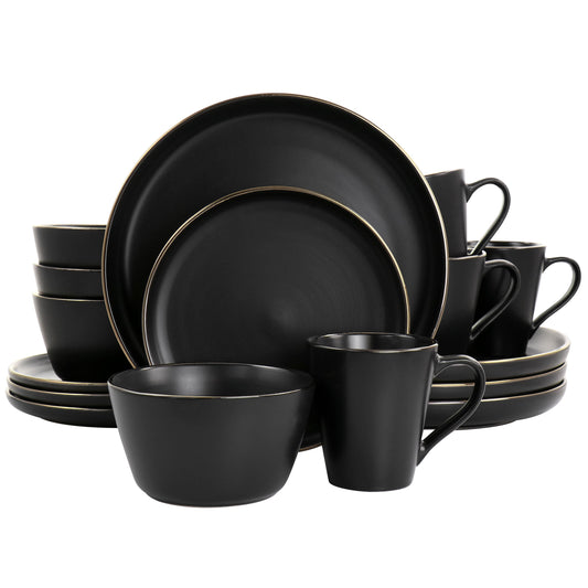 Elama Paul 16 Piece Stoneware Dinnerware Set in Matte Black with Gold Rim W2B