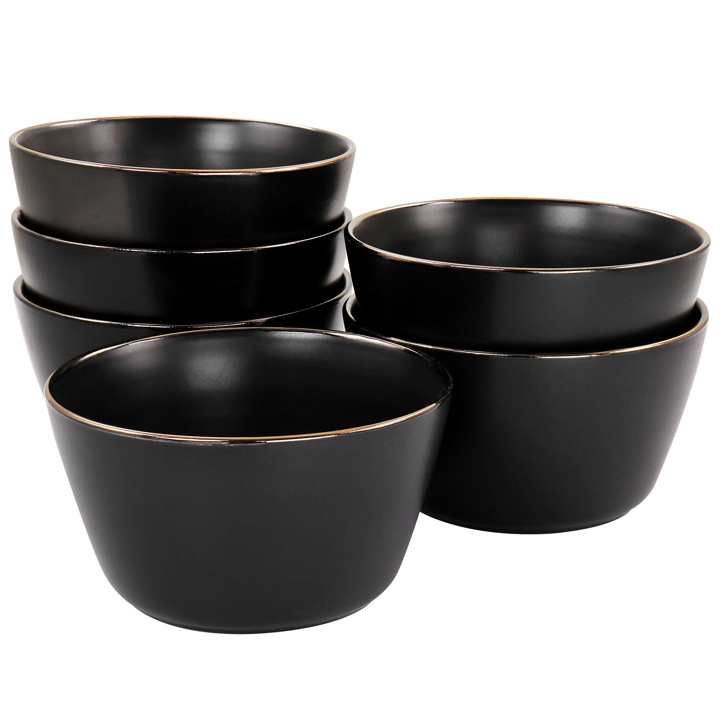 Elama Paul 6 Piece Stoneware Bowl Set in Matte Black with Gold Rim W2B