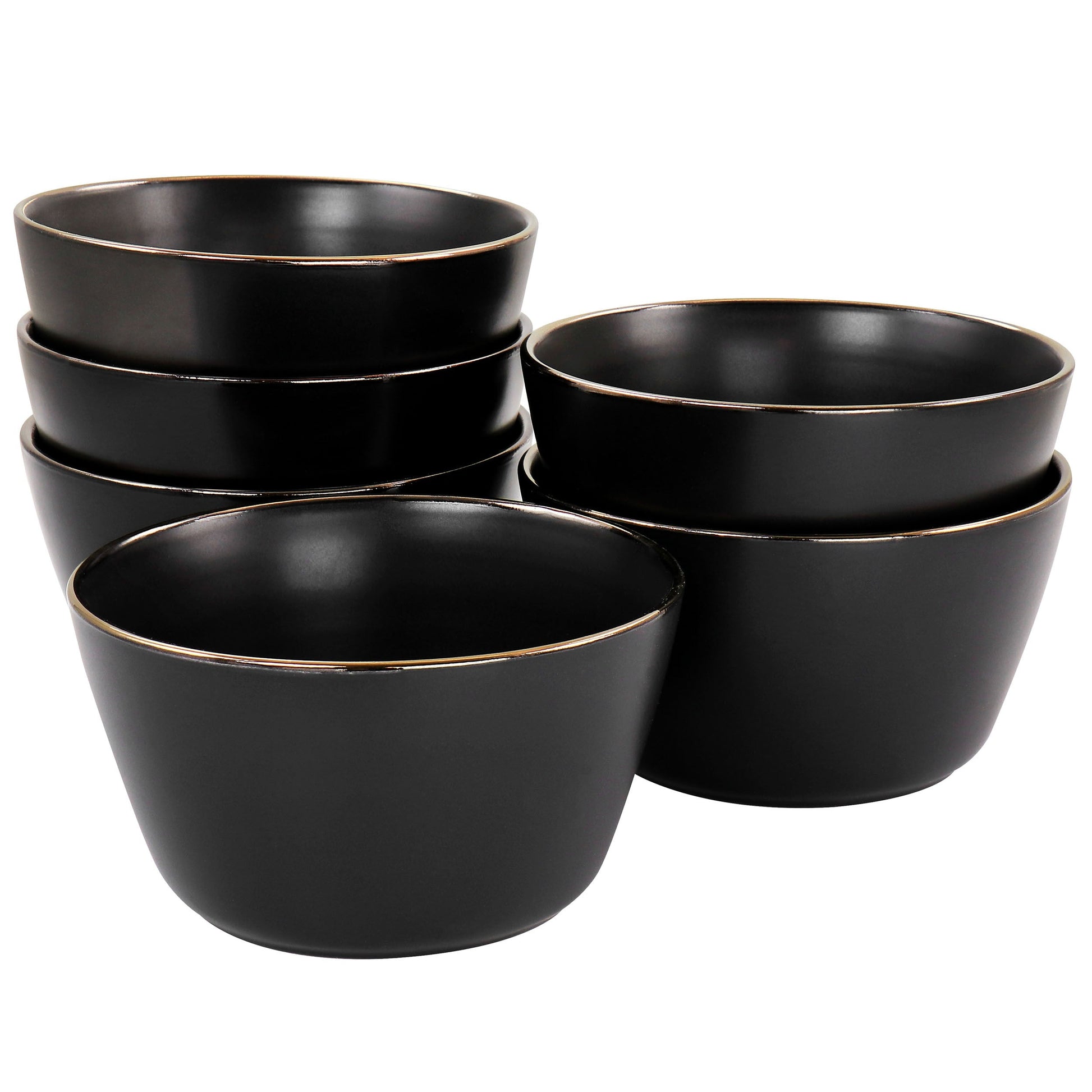 Elama Paul 6 Piece Stoneware Bowl Set in Matte Black with Gold Rim W2B