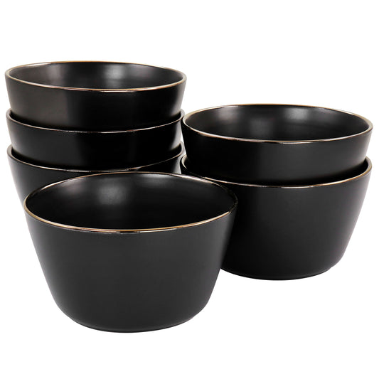 Elama Paul 6 Piece Stoneware Bowl Set in Matte Black with Gold Rim W2B