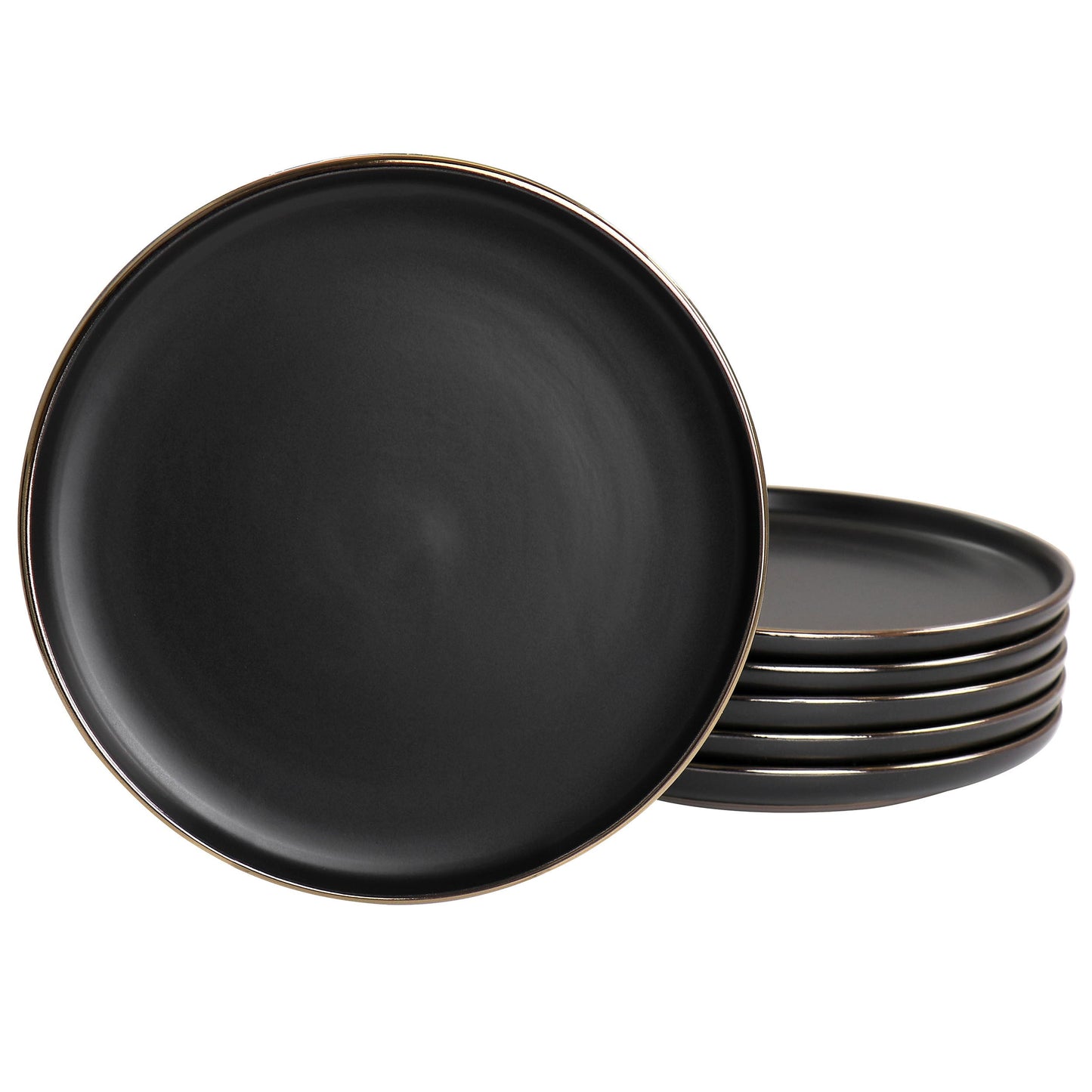 Elama Paul 6 Piece Stoneware Salad Plate Set in Matte Black with Gold Rim W2B
