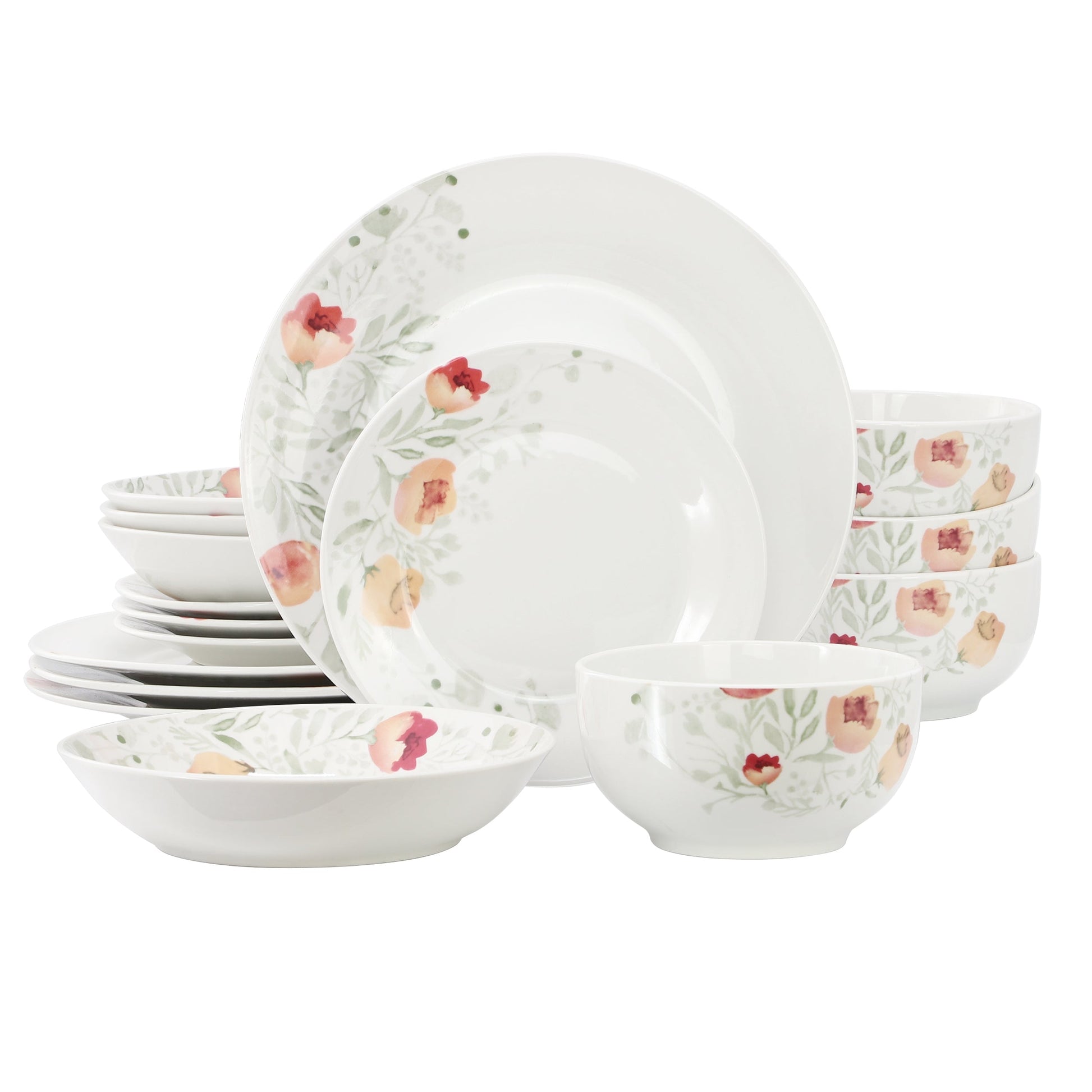 Elama Poppy 16 Piece Porcelain Double Bowl Dinnerware Set, Service for 4 W2B