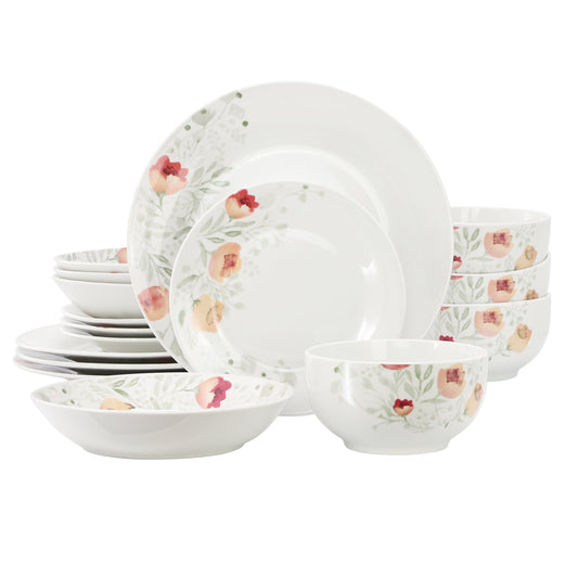 Elama Poppy 16 Piece Porcelain Double Bowl Dinnerware Set, Service for 4 W2B