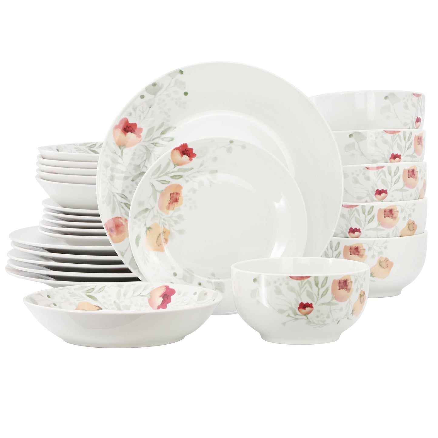 Elama Poppy 24 Piece Porcelain Double Bowl Dinnerware Set, Service for 6 W2B