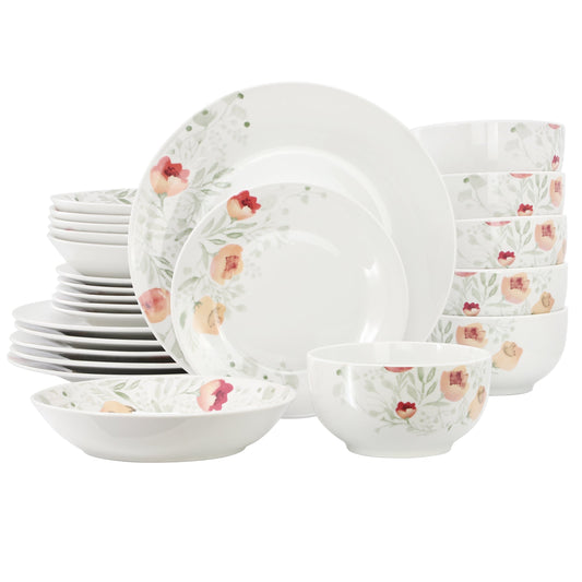 Elama Poppy 24 Piece Porcelain Double Bowl Dinnerware Set, Service for 6 W2B