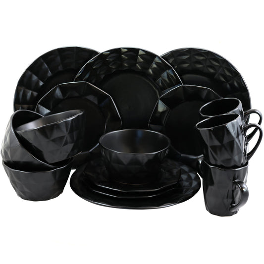 Elama Retro Chic 16-Piece Glazed Dinnerware Set in Black W2B
