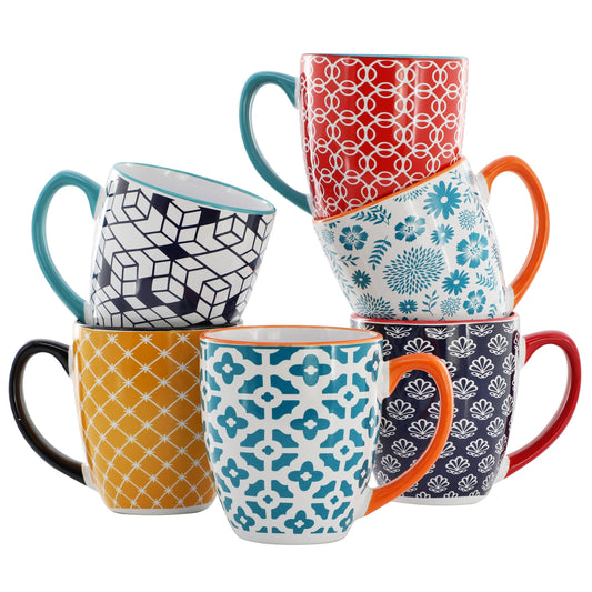 Elama Rory 6 Piece 16 Ounce Assorted Design Stoneware Mug Set in Assorted Colors W2B