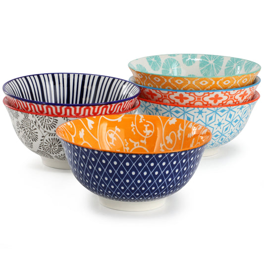 Elama Roxey 6 Piece Assorted Design 20oz Porcelain Footed Bowl Set in Multicolor W2B