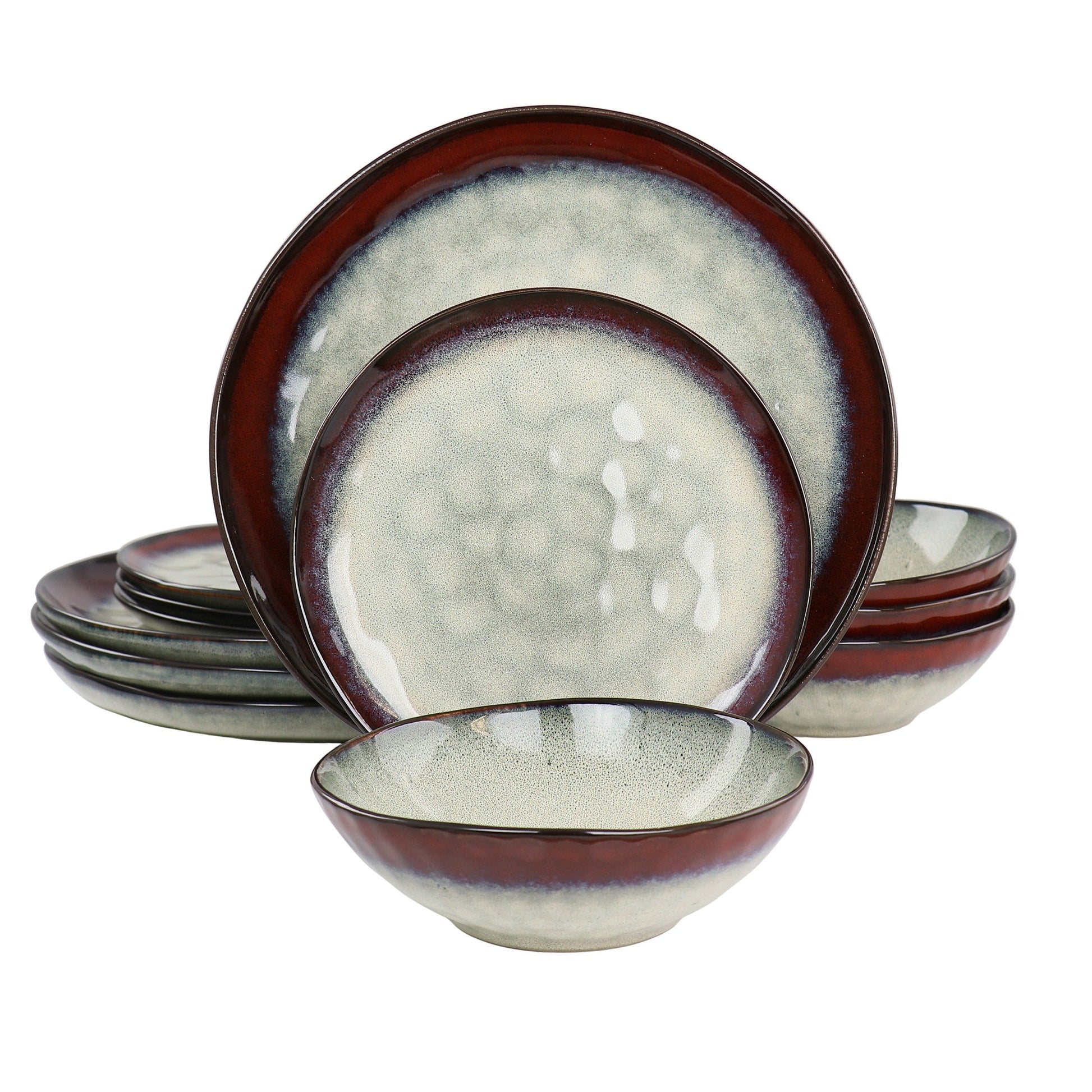Elama Samara 12 Piece Stoneware Dinnerware Set in Red and Off White W2B
