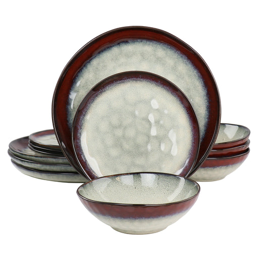 Elama Samara 12 Piece Stoneware Dinnerware Set in Red and Off White W2B