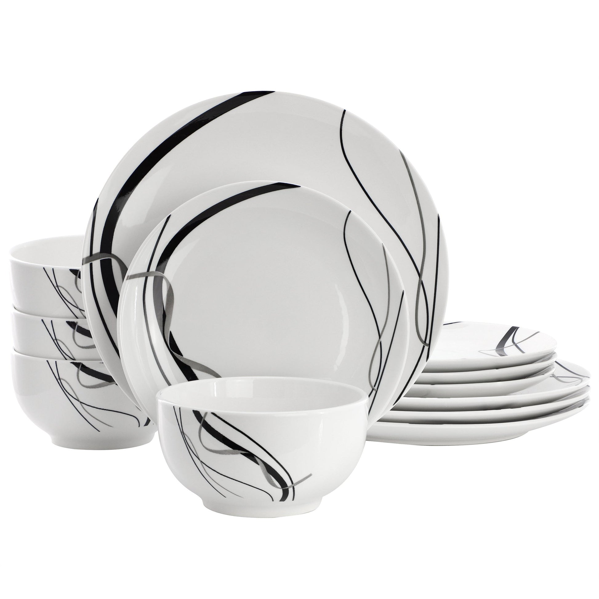 Elama Sarah 12 Piece Porcelain Black Ribbon Dinnerware Set, Service for 4 in White and Black W2B