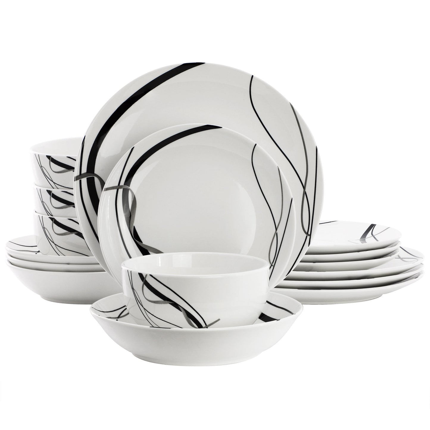 Elama Sarah 16 Piece Porcelain Black Ribbon Double Bowl Dinnerware Set, Service for 4 in White and Black W2B