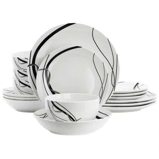 Elama Sarah 16 Piece Porcelain Black Ribbon Double Bowl Dinnerware Set, Service for 4 in White and Black W2B