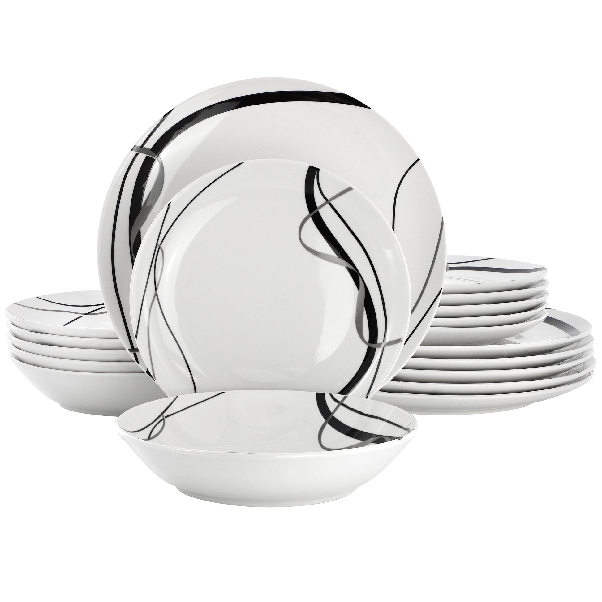 Elama Sarah 18 Piece Porcelain Black Ribbon Dinnerware Set, Service for 6 in White and Black W2B