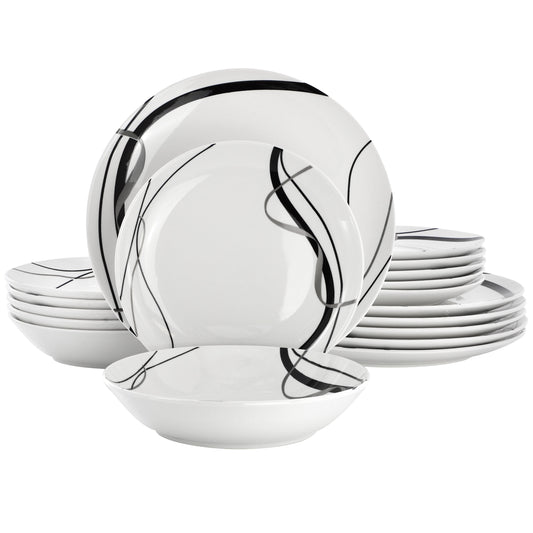 Elama Sarah 18 Piece Porcelain Black Ribbon Dinnerware Set, Service for 6 in White and Black W2B