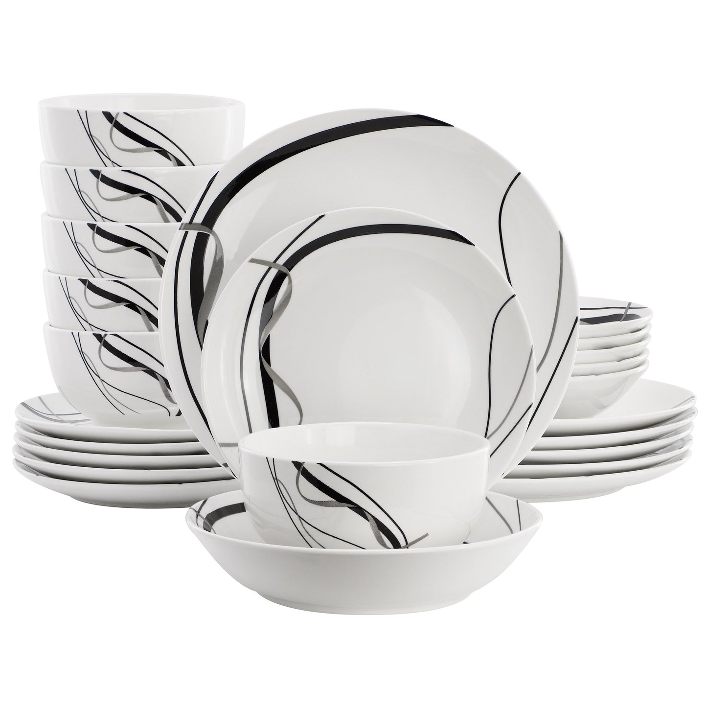 Elama Sarah 24 Piece Porcelain Black Ribbon Double Bowl Dinnerware Set, Service for 6 in White and Black W2B