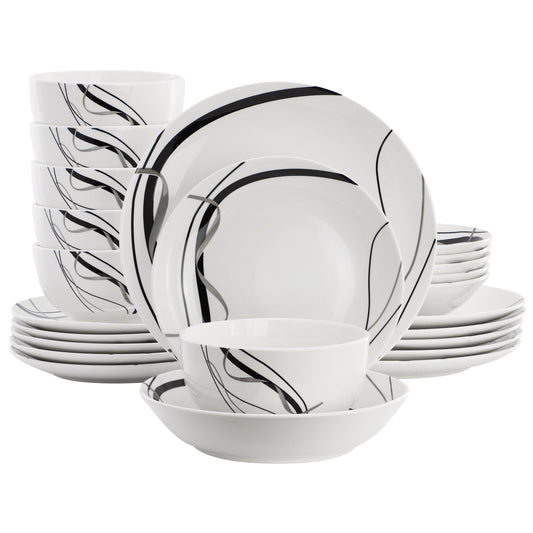 Elama Sarah 24 Piece Porcelain Black Ribbon Double Bowl Dinnerware Set, Service for 6 in White and Black W2B