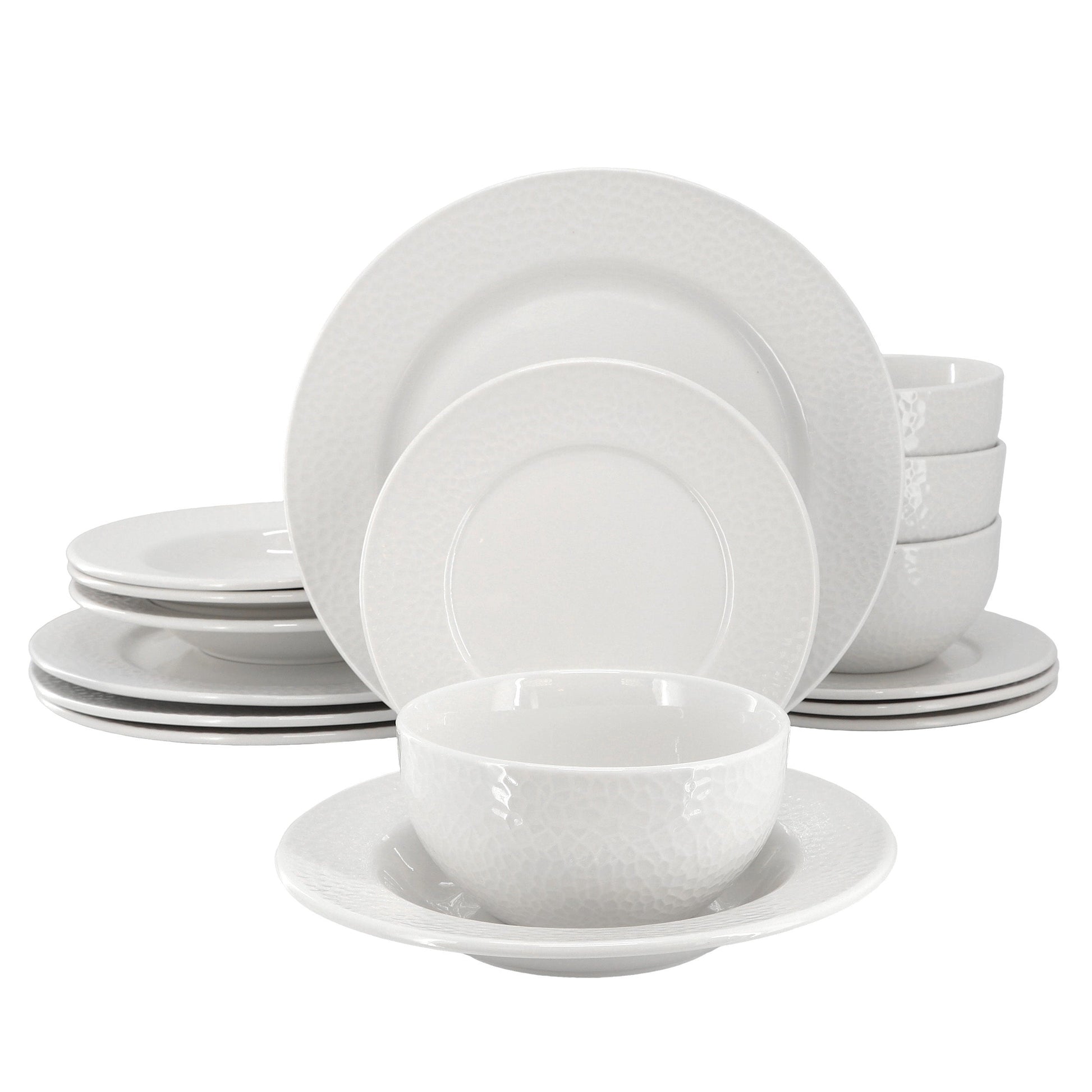 Elama Soyer 16 Piece Textured Design Double Bowl Porcelain Dinnerware Set in White W2B
