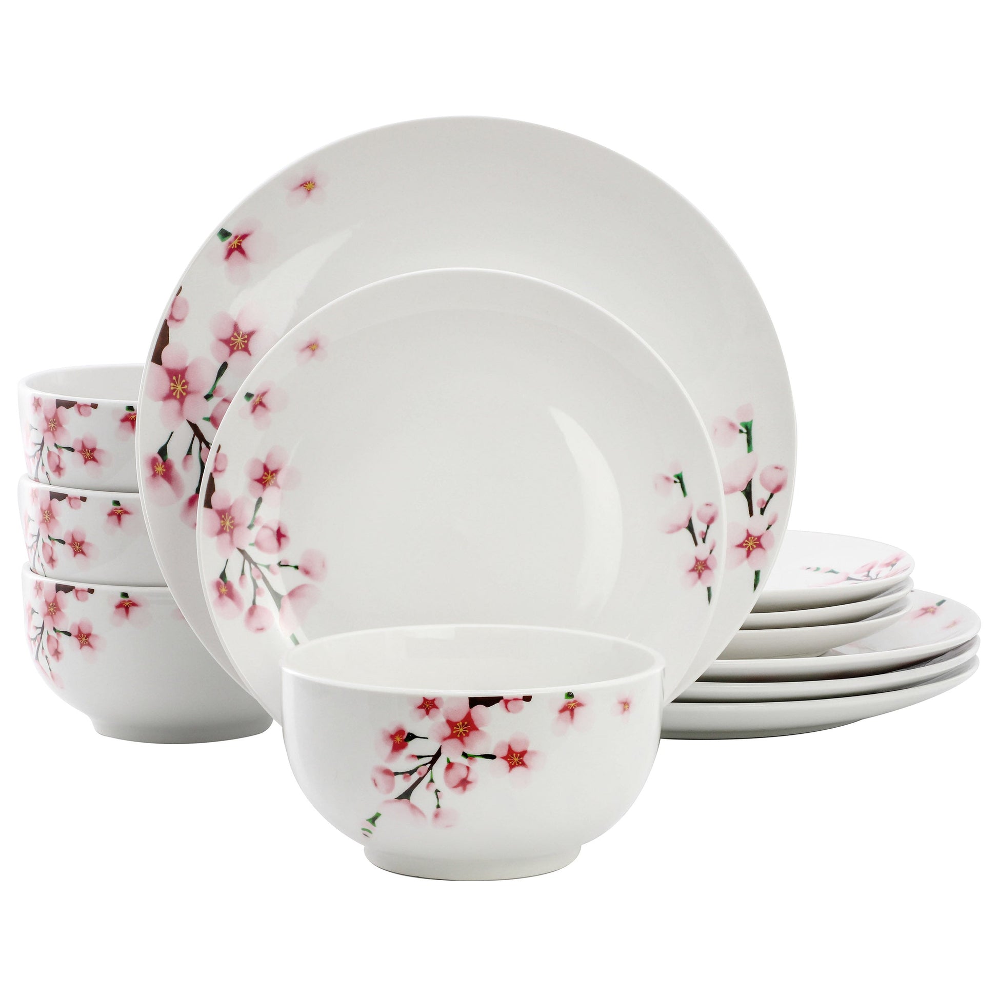 Elama Tamara 12 Piece Cherry Blossom Porcelain Dinnerware Set, Service for 4 in White and Pink W2B