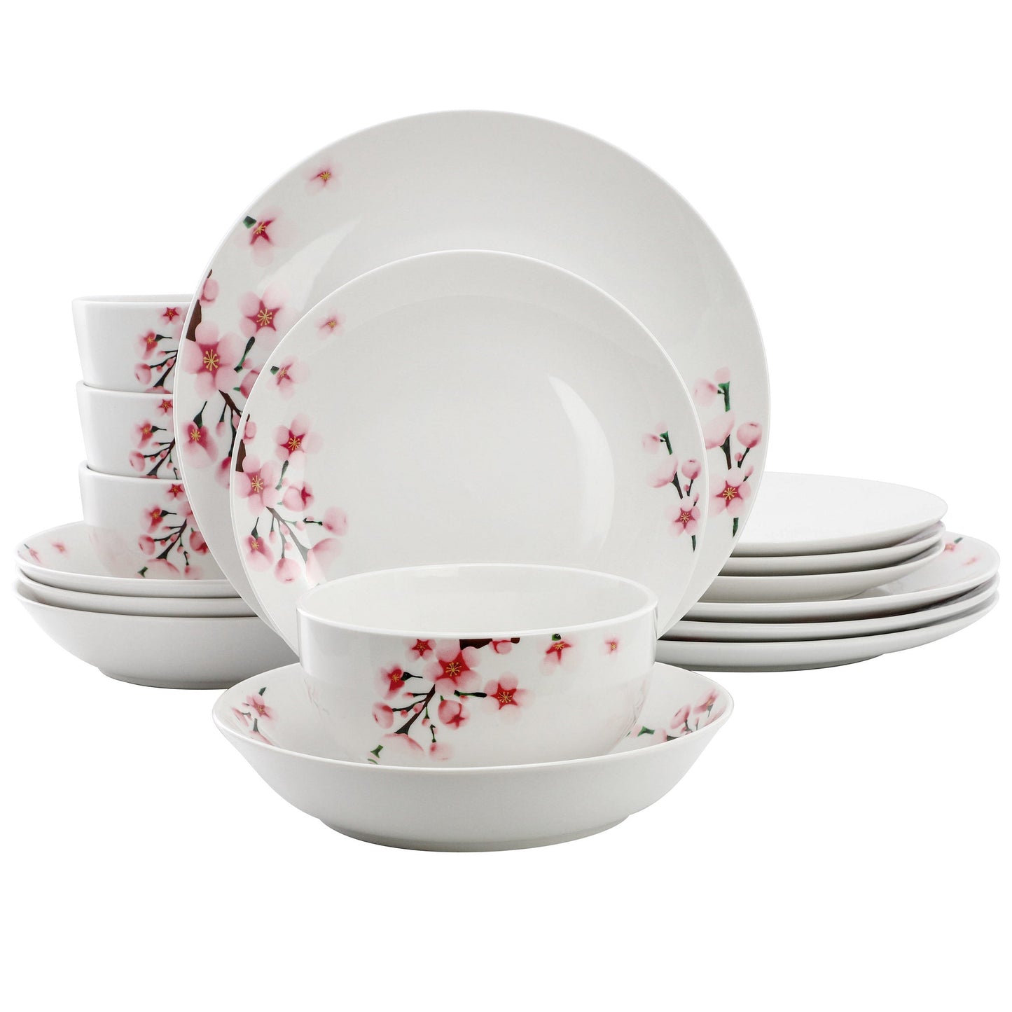 Elama Tamara 16 Piece Cherry Blossom Porcelain Double Bowl Dinnerware Set, Service for 4 in White and Pink W2B
