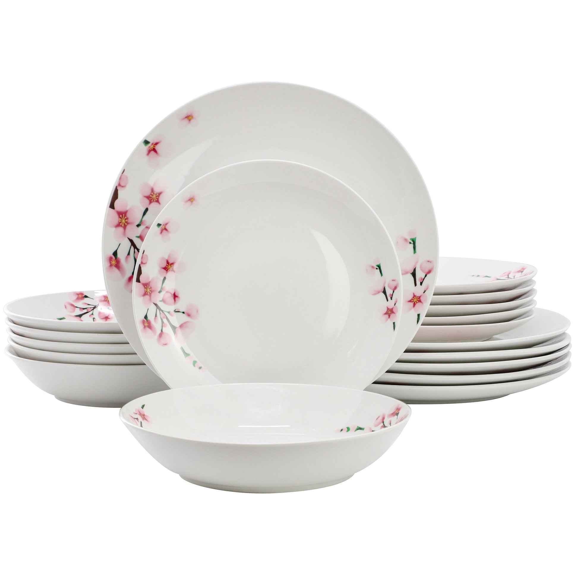 Elama Tamara 18 Piece Cherry Blossom Porcelain Dinnerware Set, Service for 6 in White and Pink W2B