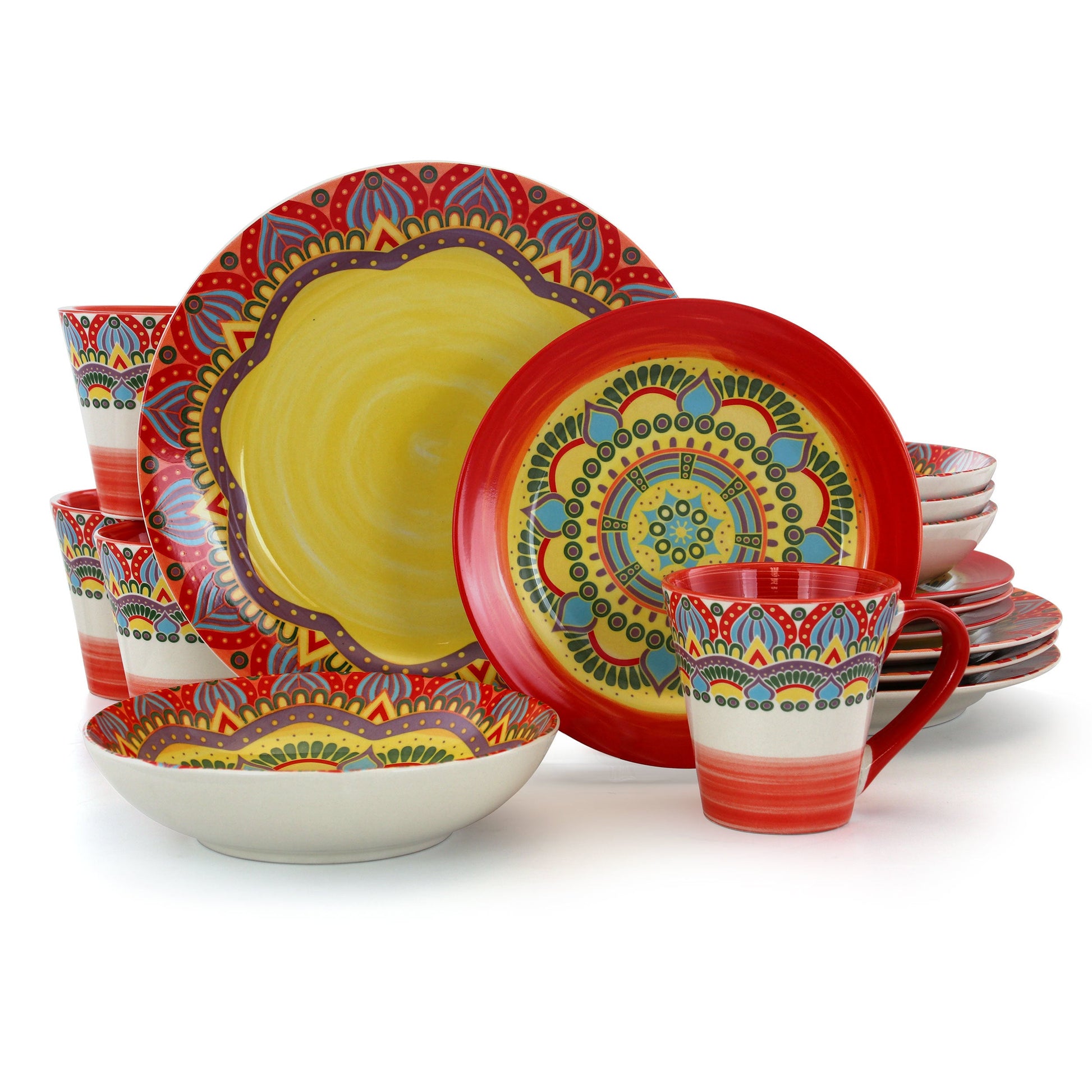 Elama Zen Red Mozaik 16 Piece Luxurious Stoneware Dinnerware with Complete Setting for 4, 16pc W2B